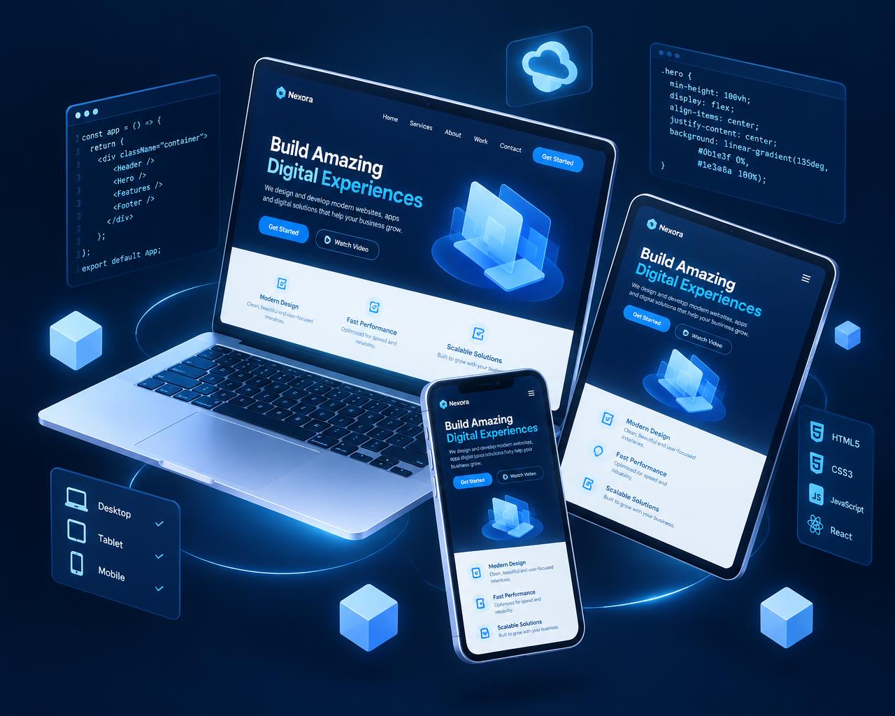 Responsive website shown on laptop, tablet and phone